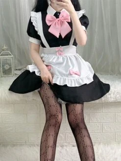 Maid Lolita Dress Polyester Pink Bow Short Sleeves Lolita Dress -AYA Cosplay Shop 202307051746360074304