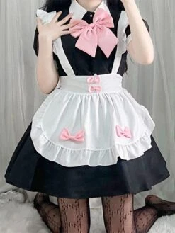 Maid Lolita Dress Polyester Pink Bow Short Sleeves Lolita Dress -AYA Cosplay Shop 202307051746363249879