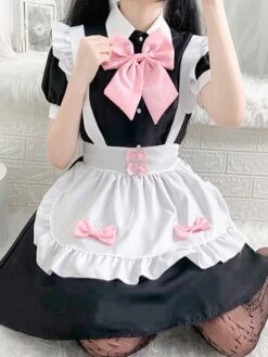 Maid Lolita Dress Polyester Pink Bow Short Sleeves Lolita Dress -AYA Cosplay Shop 202307051746366637376