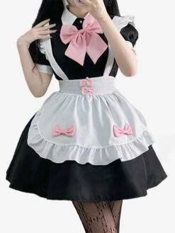 Maid Lolita Dress Polyester Pink Bow Short Sleeves Lolita Dress -AYA Cosplay Shop 202307051746369856323