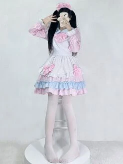 Pink Maid Dress Polyester Bow Long Sleeves Lolita Dress -AYA Cosplay Shop 202307051746382113235