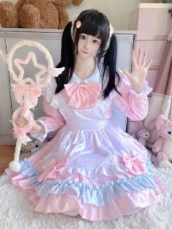 Pink Maid Dress Polyester Bow Long Sleeves Lolita Dress -AYA Cosplay Shop 202307051746385528454