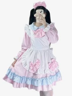 Pink Maid Dress Polyester Bow Long Sleeves Lolita Dress -AYA Cosplay Shop 202307051746388927156