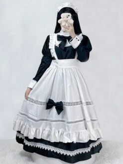 Gothic Maid Lolita Dresses Bows Ruffles Long Sleeves Black Lolita Dress -AYA Cosplay Shop 202307051747473629037
