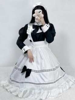 Gothic Maid Lolita Dresses Bows Ruffles Long Sleeves Black Lolita Dress -AYA Cosplay Shop 202307051747479541355