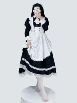 Gothic Maid Lolita Dresses Lace Ruffles Long Sleeves Black Lolita Dress
