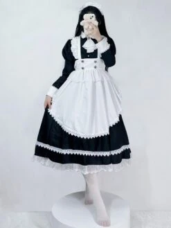 Gothic Maid Lolita Dresses Lace Ruffles Long Sleeves Black Lolita Dress -AYA Cosplay Shop 202307051747488231828