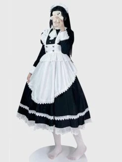 Gothic Maid Lolita Dresses Lace Ruffles Long Sleeves Black Lolita Dress -AYA Cosplay Shop 202307051747491138537