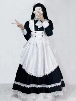 Gothic Maid Lolita Dresses Lace Ruffles Long Sleeves Black Lolita Dress -AYA Cosplay Shop 202307051747494001467