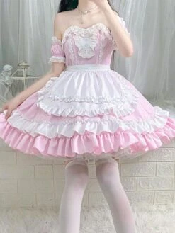 Sweet Maid Lolita Dress Strapless Polyester Multi Ruffles Lolita Dress -AYA Cosplay Shop 202307051747499936556
