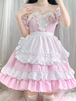 Sweet Maid Lolita Dress Strapless Polyester Multi Ruffles Lolita Dress -AYA Cosplay Shop 202307051747503089893