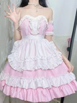 Sweet Maid Lolita Dress Strapless Polyester Multi Ruffles Lolita Dress -AYA Cosplay Shop 202307051747506015407