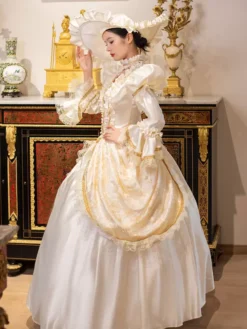 Champagne Retro Costumes Women's Marie Antoinette Costume Lace Ruffles Polyester Tunic Dress Choker Vintage 18th Century Costume -AYA Cosplay Shop 202307131655408317189