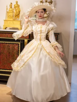 Champagne Retro Costumes Women's Marie Antoinette Costume Lace Ruffles Polyester Tunic Dress Choker Vintage 18th Century Costume -AYA Cosplay Shop 202307131655411484904