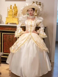 Champagne Retro Costumes Women's Marie Antoinette Costume Lace Ruffles Polyester Tunic Dress Choker Vintage 18th Century Costume