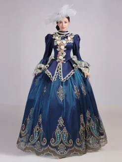 Blue Retro Costumes Women's Lace Ruffles Polyester Tunic Headwear Dress Marie Antoinette Costume Royal Party Prom Dress