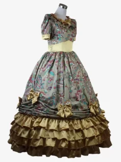 Light Brown Retro Costumes Women's Floral Print Ruffles Bows Polyester Tunic Dress Marie Antoinette Costume Royal Vintage Clothing -AYA Cosplay Shop 202307131703545634210
