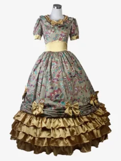 Light Brown Retro Costumes Women's Floral Print Ruffles Bows Polyester Tunic Dress Marie Antoinette Costume Royal Vintage Clothing -AYA Cosplay Shop 202307131703549834741