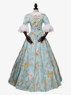 Light Sky Blue Retro Costumes Bows Polyester Floral Print Dress Women's Marie Antoinette Costume Royal Tunic Masquerade Ball Gown