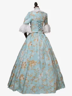 Light Sky Blue Retro Costumes Bows Polyester Floral Print Dress Women's Marie Antoinette Costume Royal Tunic Masquerade Ball Gown -AYA Cosplay Shop 202307131705411941155