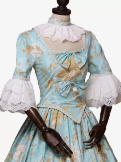Light Sky Blue Retro Costumes Bows Polyester Floral Print Dress Women's Marie Antoinette Costume Royal Tunic Masquerade Ball Gown -AYA Cosplay Shop 202307131705415125179