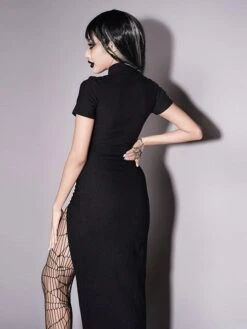 Black Gothic Dress Short Sleeves Chain Bodycon Lolita Dress -AYA Cosplay Shop 202307171846111045618