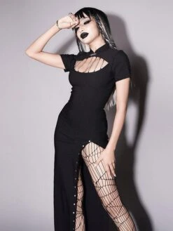 Black Gothic Dress Short Sleeves Chain Bodycon Lolita Dress -AYA Cosplay Shop 202307171846113885453