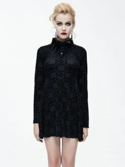 Black Gothic Dress Long Seelves Lace Stand Collar Lace Lolita Dress