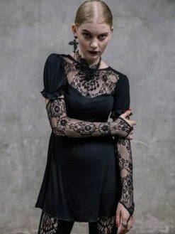 Black Gothic Punk Dress Long Sleeves Lace Lolita Dress -AYA Cosplay Shop 202307181800434791634