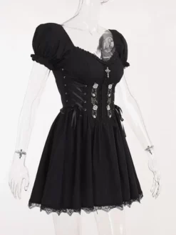 Gothic Dress Off The Shoulder Short Sleeves Lace Trimed Lolita Short Dress -AYA Cosplay Shop 202307181800535817236
