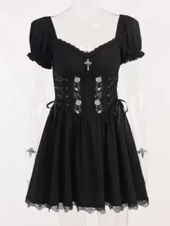 Gothic Dress Off The Shoulder Short Sleeves Lace Trimed Lolita Short Dress -AYA Cosplay Shop 20230718180053862211