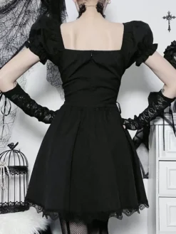 Gothic Dress Off The Shoulder Short Sleeves Lace Trimed Lolita Short Dress -AYA Cosplay Shop 202307181800541406016