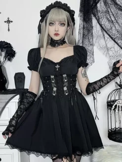 Gothic Dress Off The Shoulder Short Sleeves Lace Trimed Lolita Short Dress -AYA Cosplay Shop 202307181800544358216
