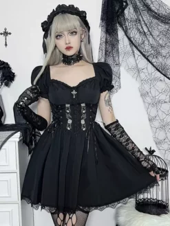 Gothic Dress Off The Shoulder Short Sleeves Lace Trimed Lolita Short Dress -AYA Cosplay Shop 202307181800547462181