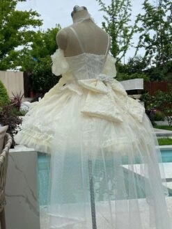 Sweet Ballet Lolita JSK Dress Ecru White Sleeveless Pearls Lace Lolita Jumper Skirts -AYA Cosplay Shop 202308021827193415040
