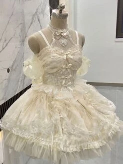 Sweet Ballet Lolita JSK Dress Ecru White Sleeveless Pearls Lace Lolita Jumper Skirts -AYA Cosplay Shop 202308021827196899198