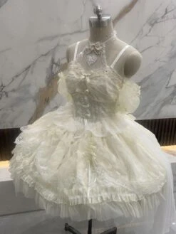 Sweet Ballet Lolita JSK Dress Ecru White Sleeveless Pearls Lace Lolita Jumper Skirts -AYA Cosplay Shop 202308021827204358410