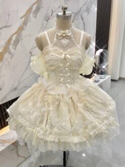 Sweet Ballet Lolita JSK Dress Ecru White Sleeveless Pearls Lace Lolita Jumper Skirts -AYA Cosplay Shop 202308021827207516260