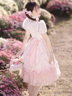 Classical Lolita Dress Polyester Short Sleeves Lolita Dresses Floral Print Classic Pink -AYA Cosplay Shop 202308021827296152749