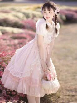 Classical Lolita Dress Polyester Short Sleeves Lolita Dresses Floral Print Classic Pink -AYA Cosplay Shop 202308021827299808129