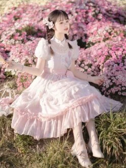 Classical Lolita Dress Polyester Short Sleeves Lolita Dresses Floral Print Classic Pink -AYA Cosplay Shop 202308021827303131394