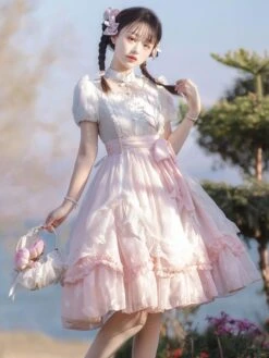 Classical Lolita Dress Polyester Short Sleeves Lolita Dresses Floral Print Classic Pink -AYA Cosplay Shop 202308021827306705644
