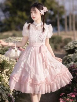 Classical Lolita Dress Polyester Short Sleeves Lolita Dresses Floral Print Classic Pink -AYA Cosplay Shop 202308021827309981286