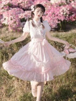 Classical Lolita Dress Polyester Short Sleeves Lolita Dresses Floral Print Classic Pink -AYA Cosplay Shop 202308021827313334062