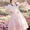 Classical Lolita Dress Polyester Short Sleeves Lolita Dresses Floral Print Classic Pink -AYA Cosplay Shop 20230802182731763969