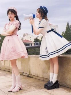 Sweet Lolita Dress Polyester Short Sleeves Embroidered Dress Navy Style Lolita Dress -AYA Cosplay Shop 20230802182745569562