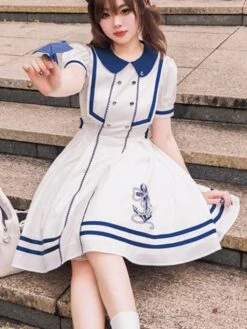 Sweet Lolita Dress Polyester Short Sleeves Embroidered Dress Navy Style Lolita Dress -AYA Cosplay Shop 202308021827468347936