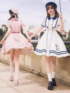 Sweet Lolita Dress Polyester Short Sleeves Embroidered Dress Navy Style Lolita Dress -AYA Cosplay Shop 202308021827559308760