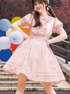 Sweet Lolita Dress Polyester Short Sleeves Embroidered Dress Navy Style Lolita Dress -AYA Cosplay Shop 202308021827563799194