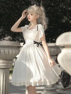 Classical Lolita Dress Polyester Short Sleeves Lolita Dresses Classic White -AYA Cosplay Shop 202308021828127343258